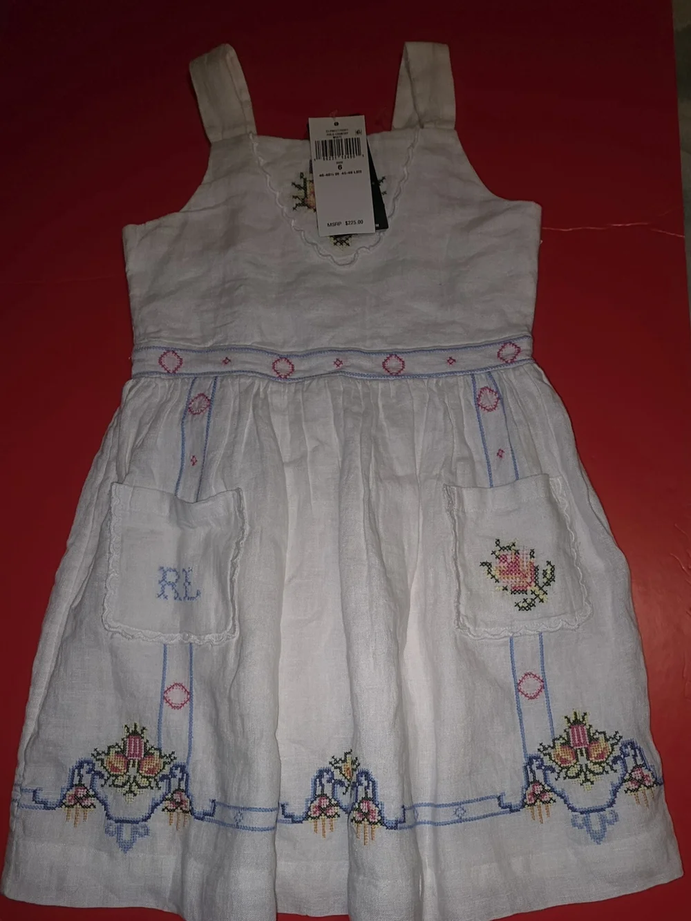 Ralph Lauren White Linen Dress with Multicolor Floral Embroidery Size 6 Girls